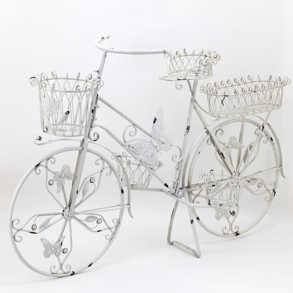 Zaer Ltd. International Large Antique White Iron Bicycle Plant Stand with Butterflies