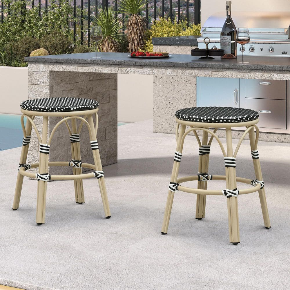 Modern Backless Handwoven Wicker Counter Height Outdoor Bar Stool White Finish Aluminum Frame, Black (2-Pack) price history on PriceWatchPro