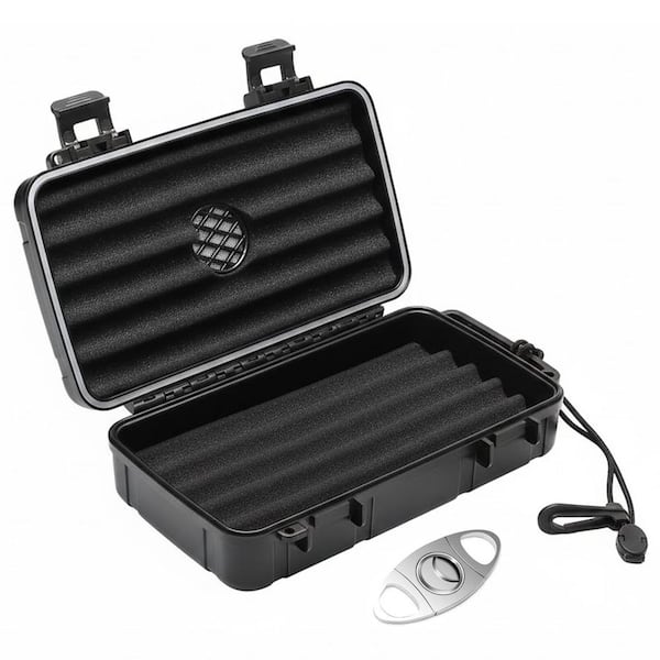 8.7 in. W x 2.5 in. H Black Metal ABS Travel Cigar Humidor Case with Humidifier Disc and Cigar Cutter