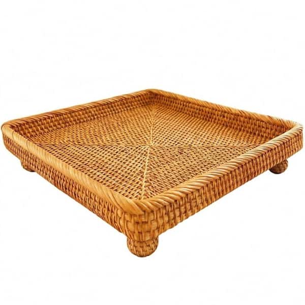 12.5 in. Square Handwoven Rattan Serving Basket Tray with Ball Leg Pedestal Stand for Fruit 12.5" Bread,