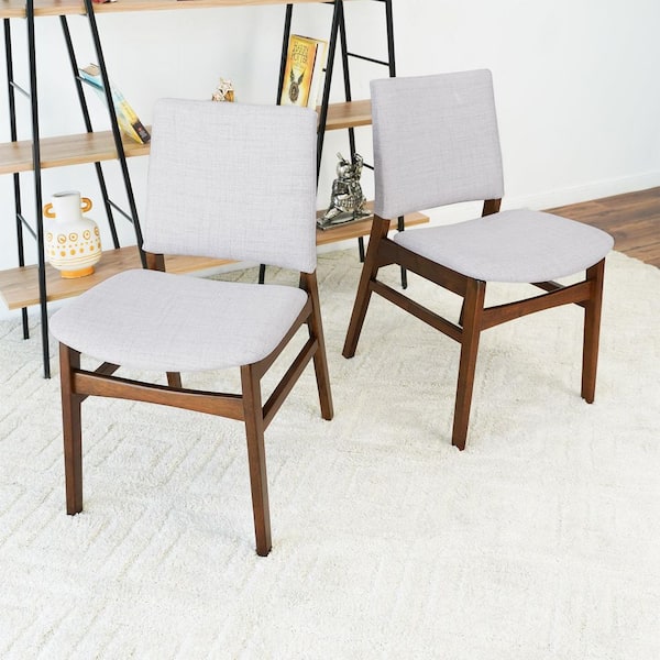 Noble House Ruby Mid-Century Modern Brown and Light Gray Linen Upholstered Dining Chair, Solid Wood Legs (Set of 2)