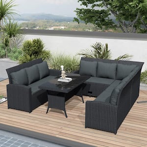 Black 5-Piece Wicker Outdoor Sectional Sofa Set with Dark Gray Cushions and Table