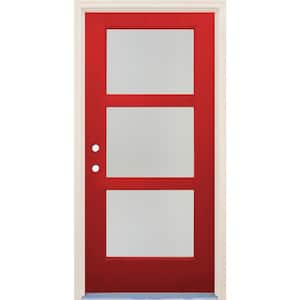 36 in. x 80 in. Right-Hand/Inswing 3 Lite Satin Etch Glass Ruby Red Fiberglass Prehung Front Door w/4-9/16" Frame