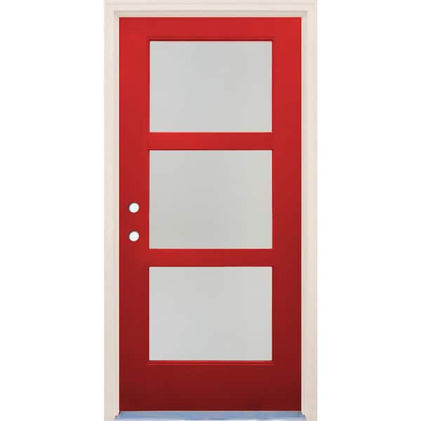 Builders Choice 36 in. x 80 in. Right-Hand/Inswing 3 Lite Satin Etch Glass Ruby Red Fiberglass Prehung Front Door w/4-9/16" Frame