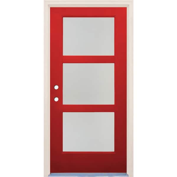 Builders Choice 36 in. x 80 in. Right-Hand/Inswing 3 Lite Satin Etch Glass Ruby Red Fiberglass Prehung Front Door w/6-9/16" Frame