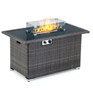 Gray 44 in. 50000 BTU Rectangular Propane Outdoor Fire Pit Table with Glass Wind Guard Lid Fire Glass Beads