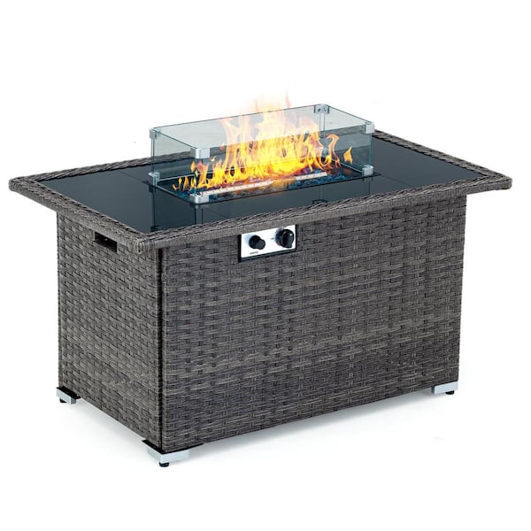 Brafab Gray 44 in. 50000 BTU Rectangular Propane Outdoor Fire Pit Table with Glass Wind Guard Lid Fire Glass Beads