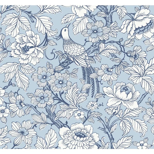 A-Street Prints Beaufort Light Blue Peony Chinoiserie Wallpaper Sample
