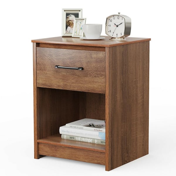 Gymax 18 in. W X 16 in. D x 24 in. H Nightstand with Drawer Storage Shelf Wooden End Side Table Bedroom Brown
