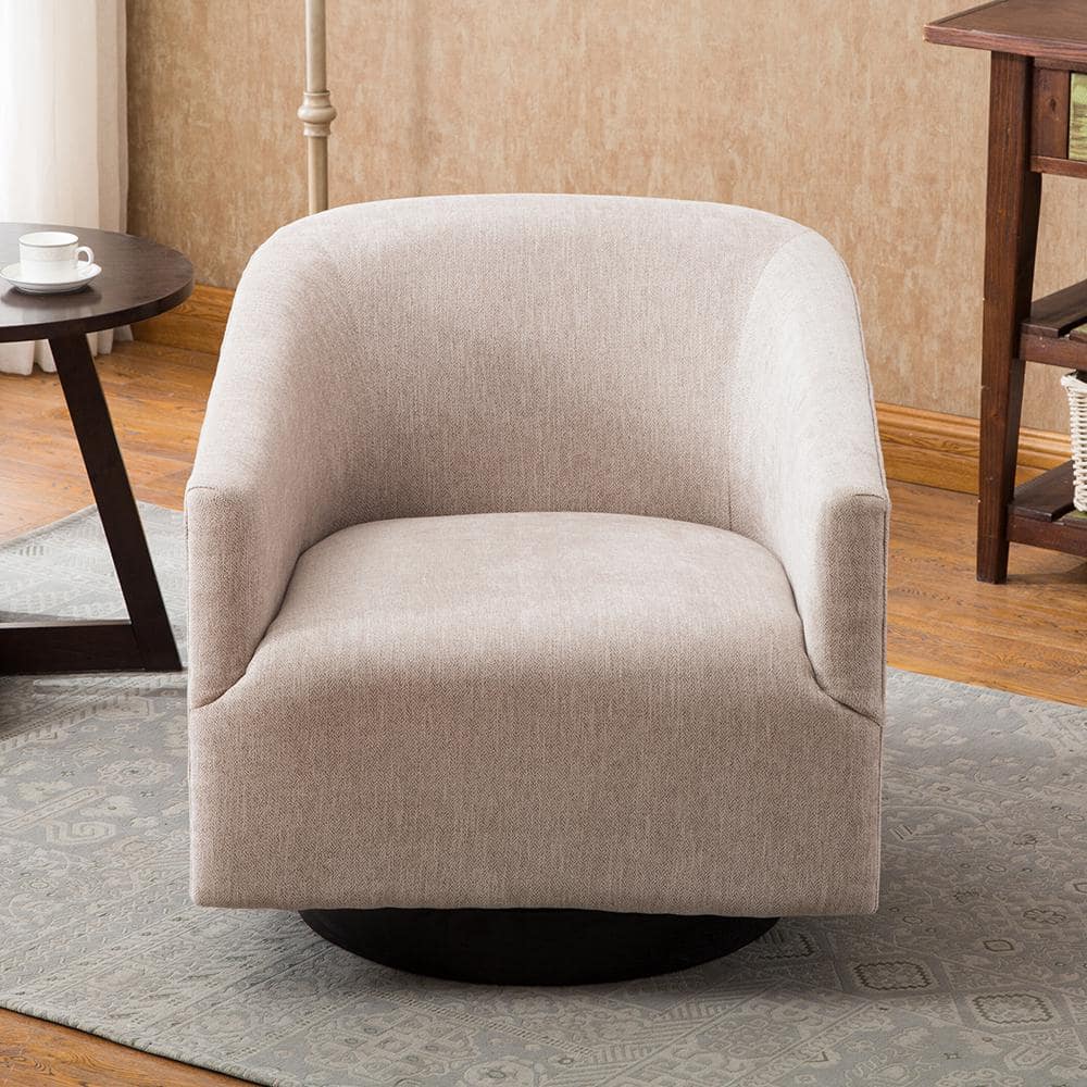 Donovan Oatmeal Fabric and Black Wood Swivel Barrel Chair