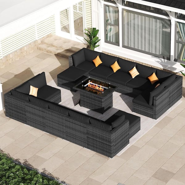 FINCATI 15-Piece Outdoor PE Wicker Patio Furniture Deep Seating Conversation Set with Fire Pit Table, Black Cushion, Ottoman