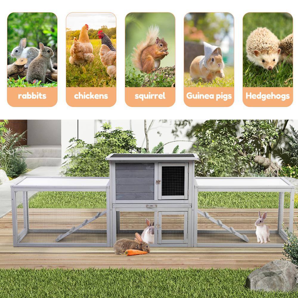 Gray Wooden Large Rabbit Hutch with Play Area and Ramp