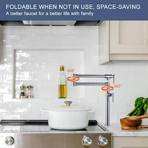 Solid Brass Deck Mount Pot Filler Faucet, Pot Filler with Stretchable Double Joint Swing Arm in Polished Chrome