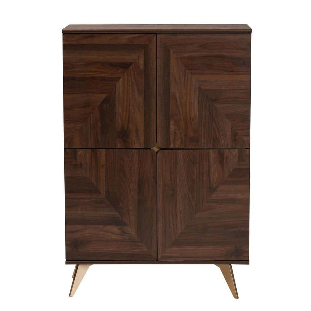 Graceland Walnut Wood Shoe Cabinet with Gold Legs