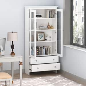 33.1 in. W x 70.7 in. H White Wood 4-Tier Shelves Standard Bookcase Bookshelf with 2 Drawers and adjustable Shelves