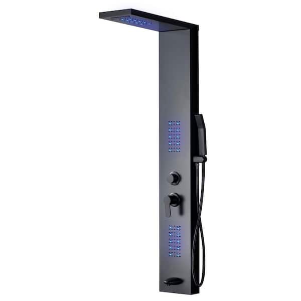 BWE 2-Jet Rainfall Shower Panel System with Rainfall Waterfall Shower Head and Shower Wand with LED Light in Black
