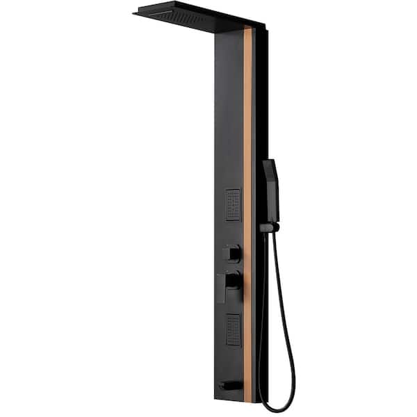 Dual 4-in-1 2-Jet Rainfall Shower Panel System with Rainfall Waterfall Shower Head and Shower Wand in Black Bamboo