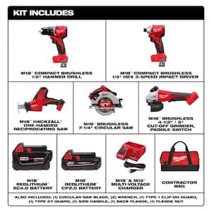 M18 18-Volt Lithium-Ion Brushless Cordless Combo Kit (4-Tool) with 2-Batteries, 1-Charger with 4-1/2 in./5 in. Grinder