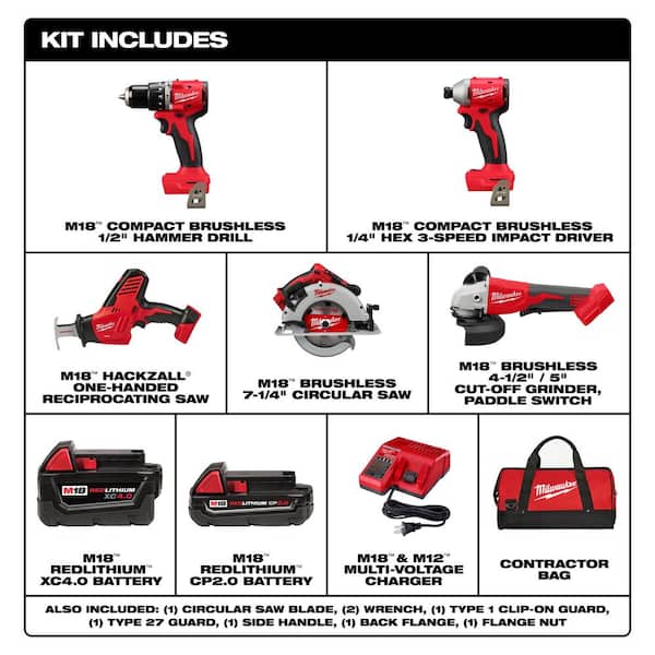 M18 18-Volt Lithium-Ion Brushless Cordless Combo Kit (4-Tool) with 2-Batteries, 1-Charger with 4-1/2 in./5 in. Grinder