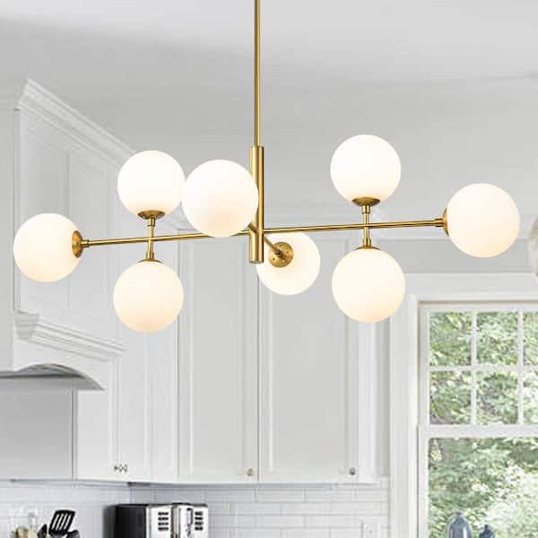 HUOKU Dimma 8-Light Gold 43 in. W Large Linear Chandelier for Kitchen Island with Opal Glass Shade (Bulb Not Included)