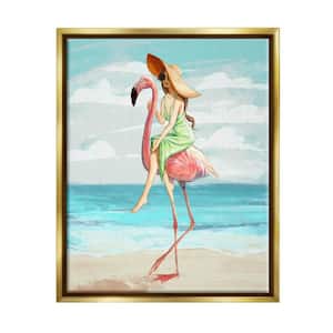 Beach Woman Riding Pink Flamingo Tall Tropical Bird by Ziwei Li Floater Frame Animal Wall Art Print 25 in. x 31 in.