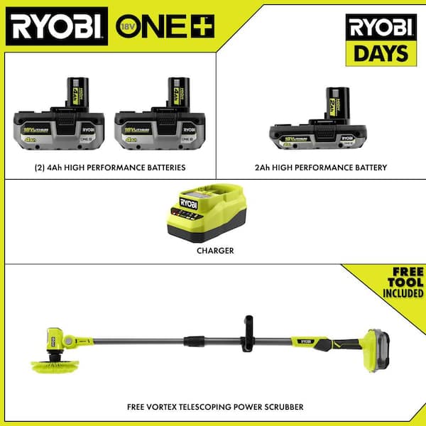 ONE+ 18V HIGH PERFORMANCE Kit w/ (2) 4.0 Ah Batteries, 2.0 Ah Battery, Charger, & FREE ONE+ Cordless Power Scrubber