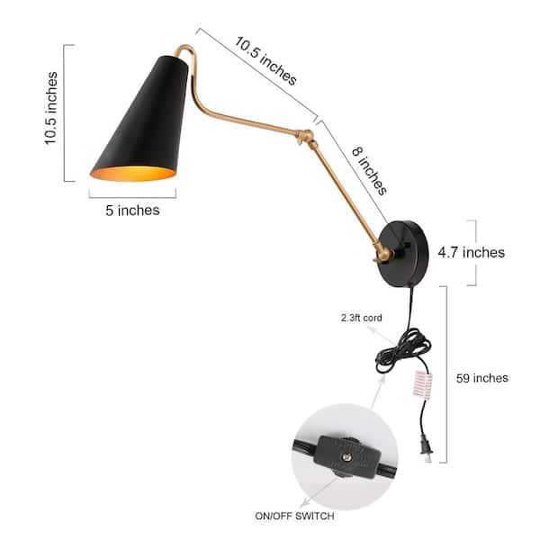 Zevni Black DIY Swing Arm Wall Lamp, 1-Light Modern Gold Wall
