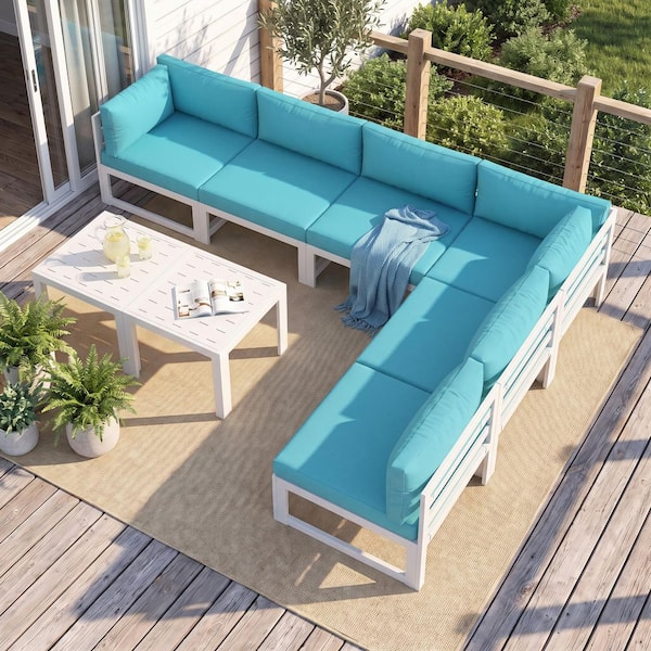 White 8-Piece Aluminum Outdoor Patio Conversation Sectional Deep Seating Sofa Set with Tables and Teal Cushions
