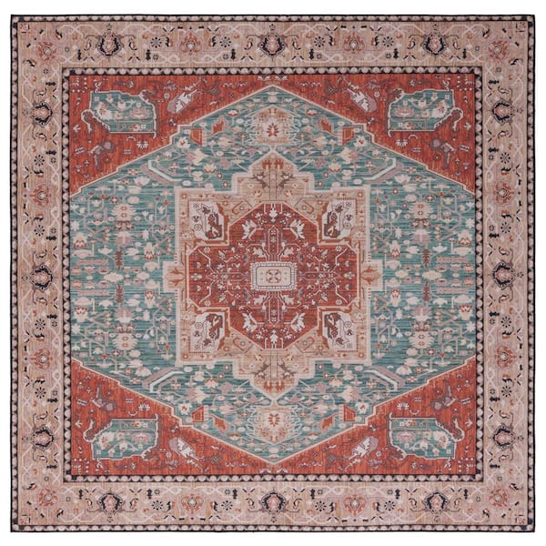 SAFAVIEH Tucson Aqua/Rust 4 ft. x 4 ft. Machine Washable Floral Border Square Area Rug