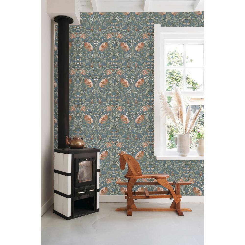 Ester Blue Art Nouveau Floral Non-Woven Wallpaper