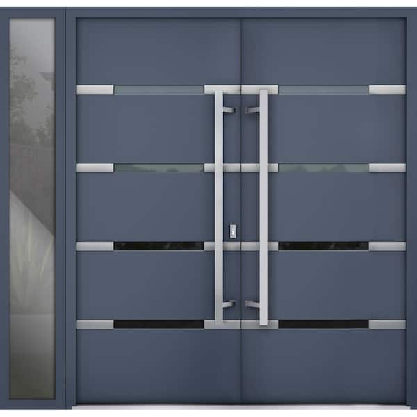 1105 86 in. x 80 in. Left-hand/Inswing Sidelite Tinted Glass Gray Graphite Steel Prehung Front Door with Hardware