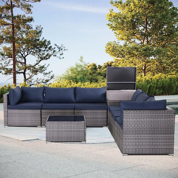 Zeus & Ruta 8 Pieces Gray Patio Outdoor PE Rattan Wicker Conversation Sets with Navy Blue Cushions and Storage Bin Coffee Table