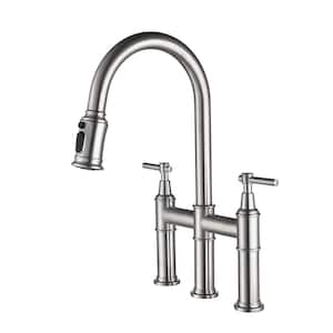 Double Handle Bridge Kitchen Faucet with Pull Down Sprayer 3 Holes Commercial Kitchen Sink Faucets in Brushed Nickel