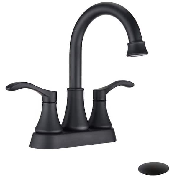 4 in. Centerset Double Handle 360° Swivel Spout Bathroom Faucet with Pop Up Drain in Matte Black