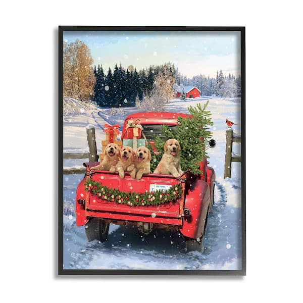 Stupell Industries Puppies in Holiday Truck by Jason Kirk 1 Piece Framed Graphic Print Travel Poster Art Print 30 in. x 24 in.