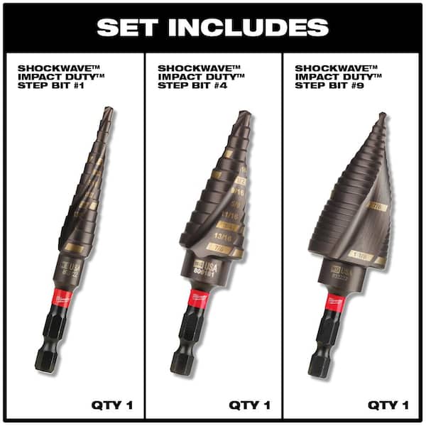 Milwaukee SHOCKWAVE Impact Duty Titanium Step Bit Kit (3-Piece) with Right  Angle Drill Adapter 48-89-9257-48-32-2390 - The Home Depot