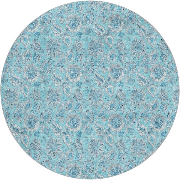 Dream Shag Premium Machine Washable Abstract ADS662 Aqua 8 ft. x 8 ft. Round Rug