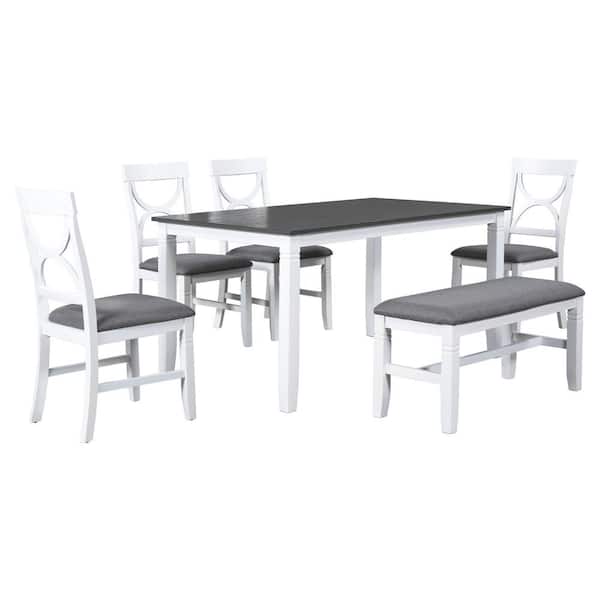 6-Piece Farmhouse White Wood Top Dining Room Set with Upholstered Bench and 4 Dining Chairs Seats 5