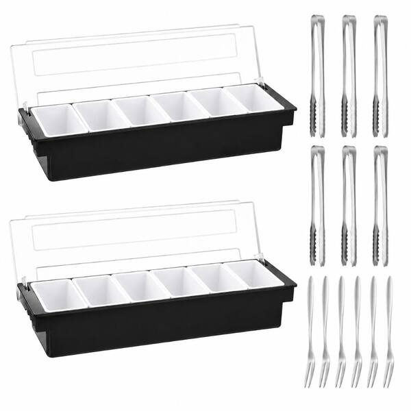 Ice-Chilled 6-Compartment Condiment Server Set in Clear ABS with Tongs and Forks Set of 2 Condiment Servers