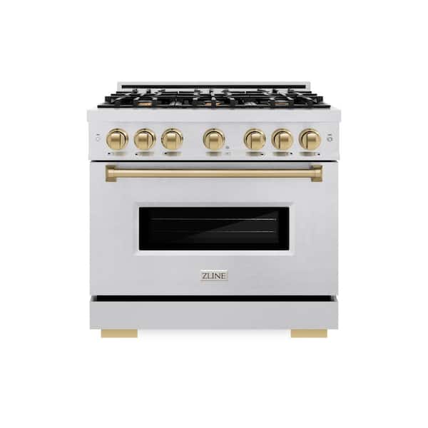 ZLINE Kitchen and Bath Autograph 36 in. Classic Gas Range with 6 Burners and Convection Gas Oven in Satin Steel and Champagne Bronze Accents
