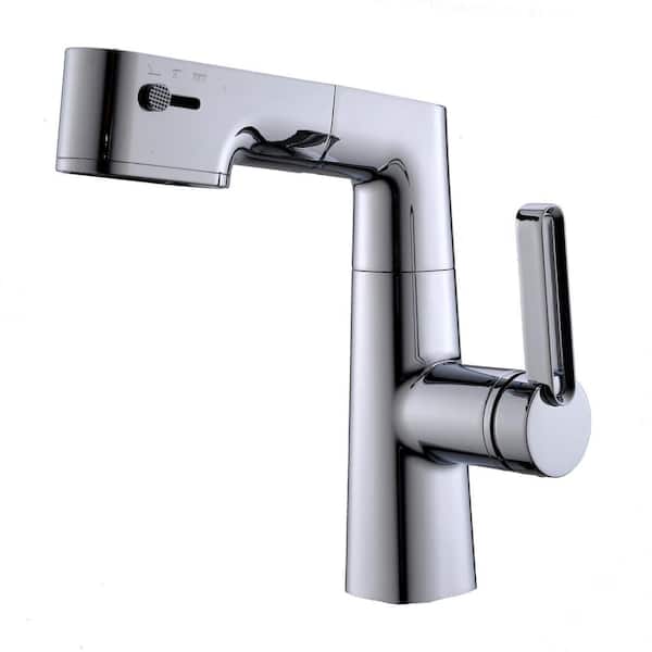 FLG Single Handle Single Hole Bathroom Faucet with Pull Out Sprayer LED Temperature Display Sink Faucets in Polished Chrome