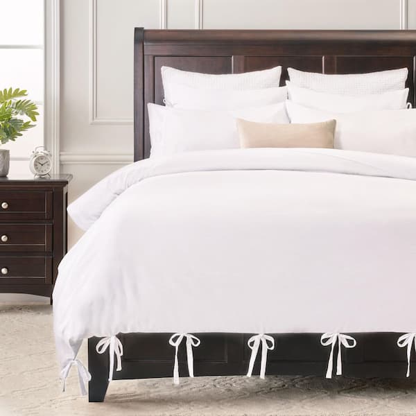 CHANASYA Chanasya Bowknot Bow Tie White Solid Color Washed Microfiber Duvet Cover Set, Queen