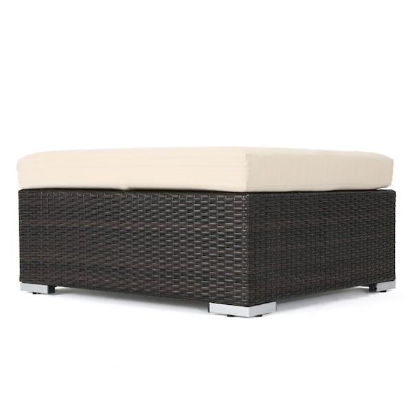 Noble House Rosen Multi-brown Wicker Outdoor Patio Ottoman with Beige Cushion