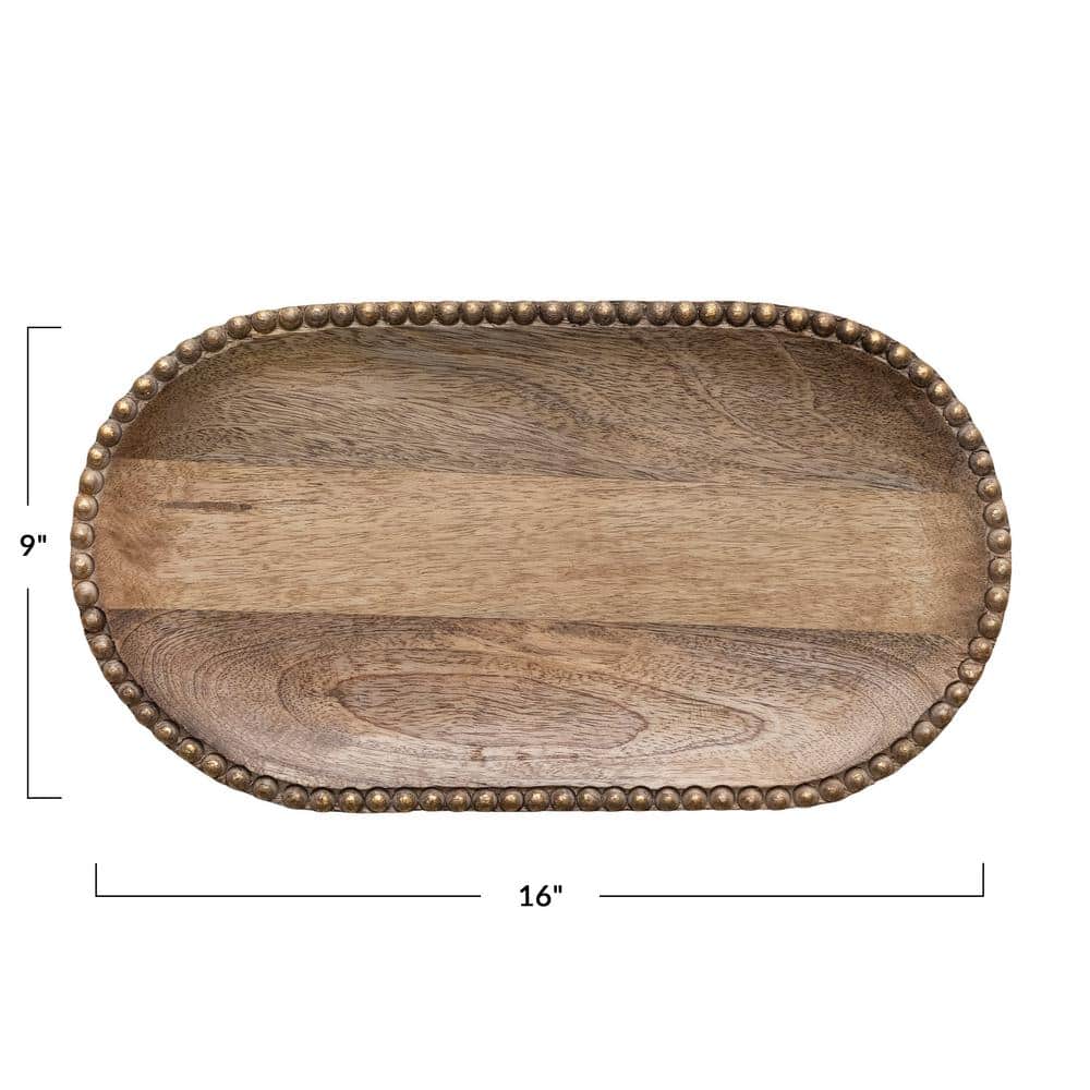 Hand-Carved Mango Wood Oval Tray with Gold Beads