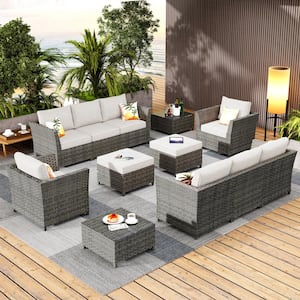 Vesta Gray 12-Piece Wicker Outdoor Patio Conversation Sectional Sofa Set with Biege Cushions