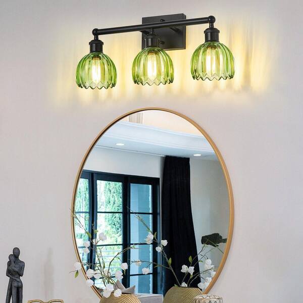 19.7 in. 3-Light Black Vanity Light Wall Light Over Mirror with Green Tulip Glass Shade