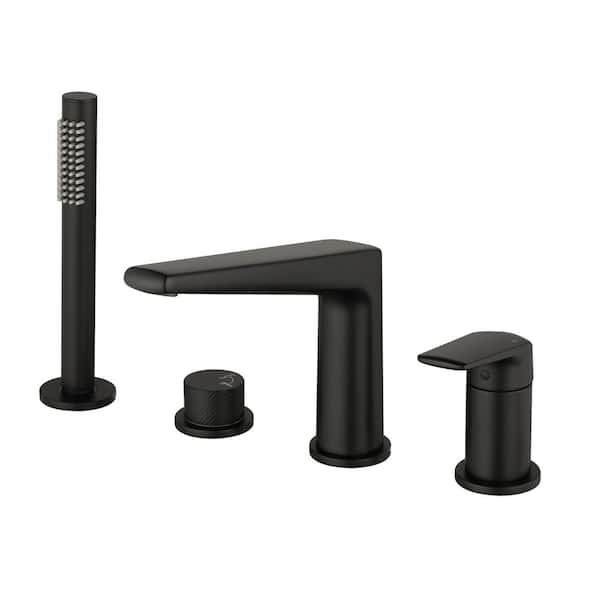 Dual Handle 4 Hole Tub Mount Roman Tub Faucet with Hand Shower in Matte Black