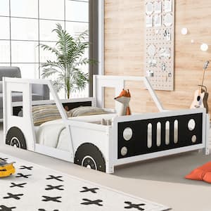 White Full Size Wooden Car-Shaped Platform Bed with Wheels