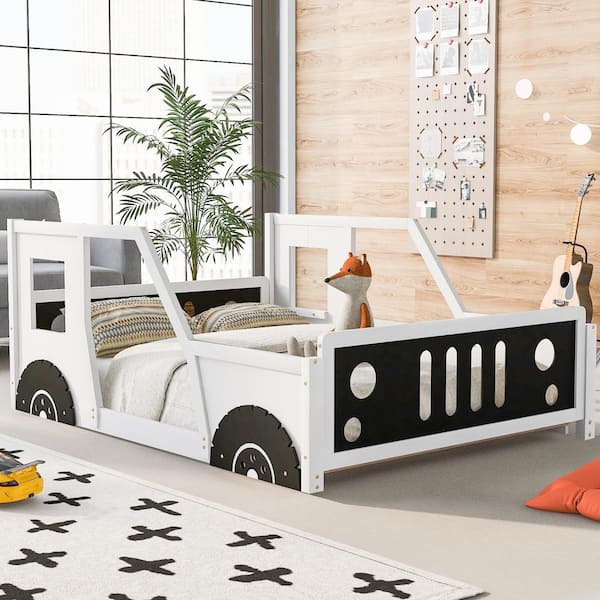 Car-Shaped Platform Bed with Wheels Wood Bed Frames Twin Size Kids