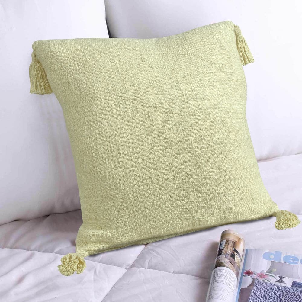 Yellow Cotton 20" Square Throw Pillow with Tassels